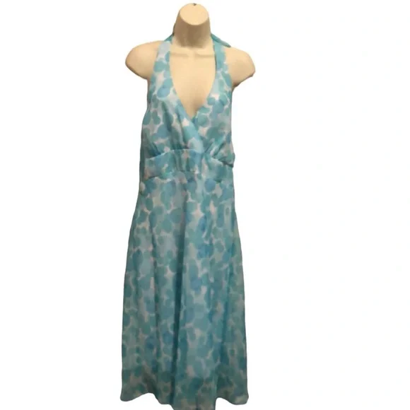 FLP Faith.Love. Fashion size 16 aqua blue & white print halter dress midi length - Picture 1 of 13